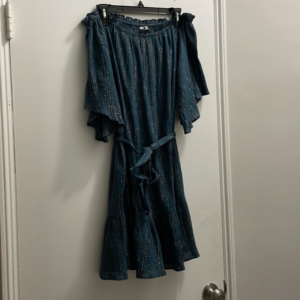 Teal and rose gold off the shoulder dress with optional belt